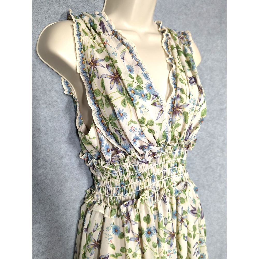 Max Studio Maxi Dress  XS Floral Ruffle Smocked Waist  V Neck Pastoral Cottage